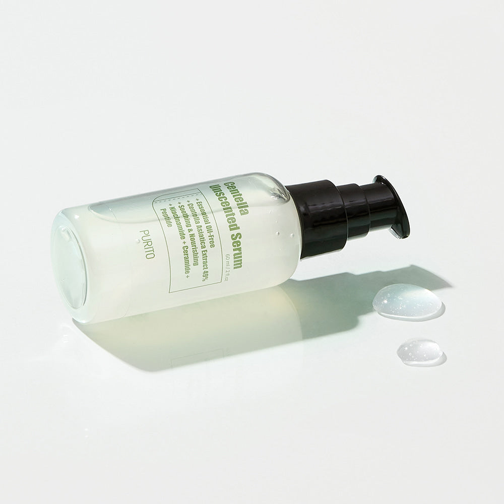 A bottle with content outside of a bottle of Purito Centella Unscented Serum 60ml