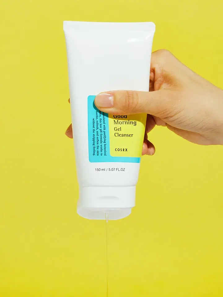 A tube of COSRX Low pH Good Morning Gel Cleanser 150ml being squished